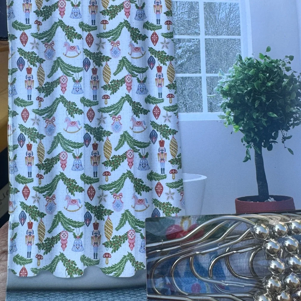 Christmas Ornaments Shower Curtain and Hooks Set